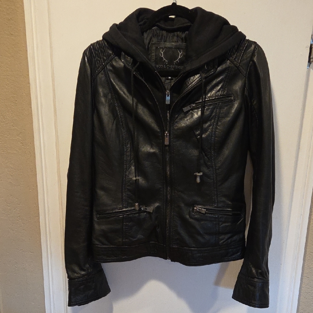 Bod & Christensen Black Leather Hooded Jacket M
